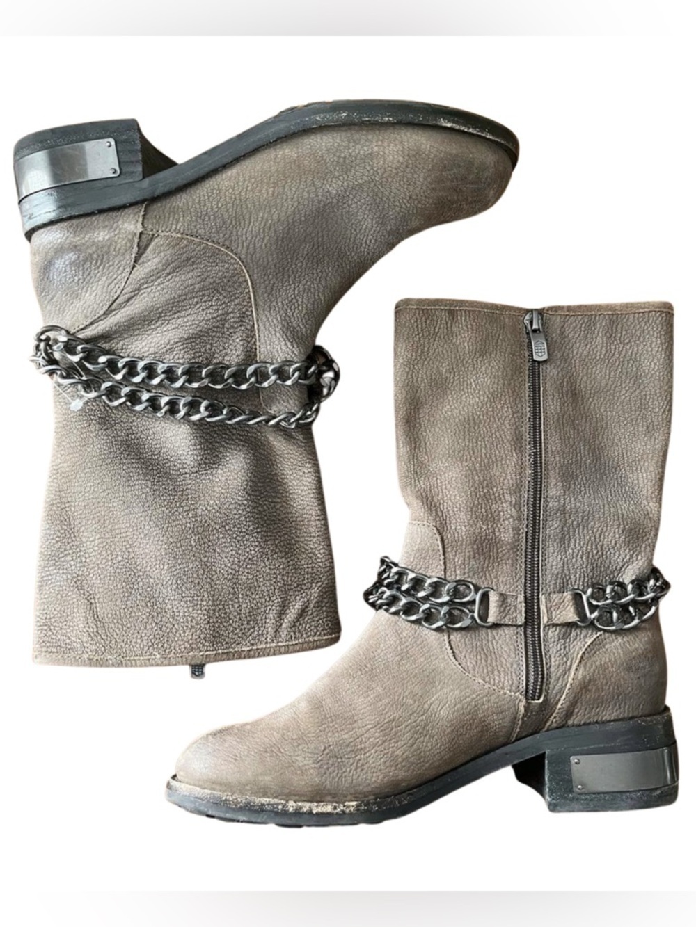 Vince Camuto Leather Chain Boots biker  Taupe Gray Moto Ankle Boots Size 7